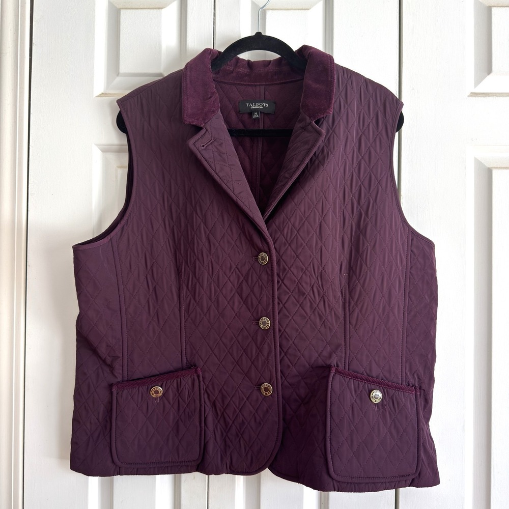 Talbots Quilted Dark Purple Vest, Size XL, Medium Weight, Fleece Lining, Pockets
